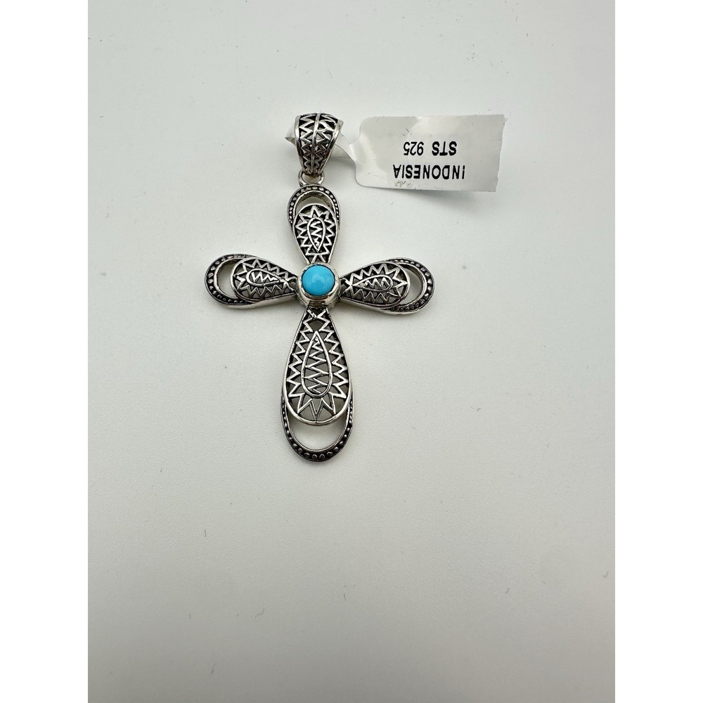 925 Sterling Silver Turquoise Cross Pendant Indonesia STS Filigree Oxidized NEW